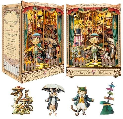 CUTEROOM Book Nook Kit for Adults, 3D Wooden Puzzle DIY Miniature Dollhouse Booknook Kit, Tiny House Building Kit with LED Light for Bookshelf Insert Decor- Puppet Theater