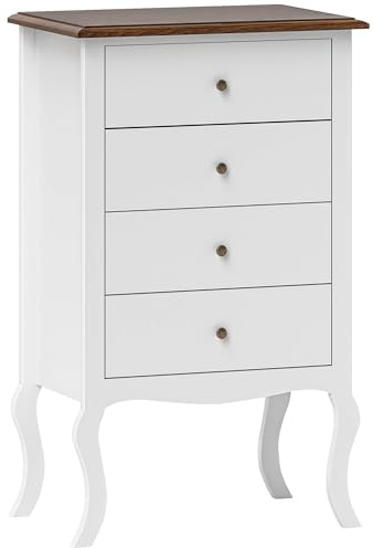 HOMCOM Cómoda con 4 Cajones Cómoda de Dormitorio Estilo Francés con Diseño Anti-vuelco Cajonera para Salón Pasillo 60x40x98,5 cm Blanco y Roble