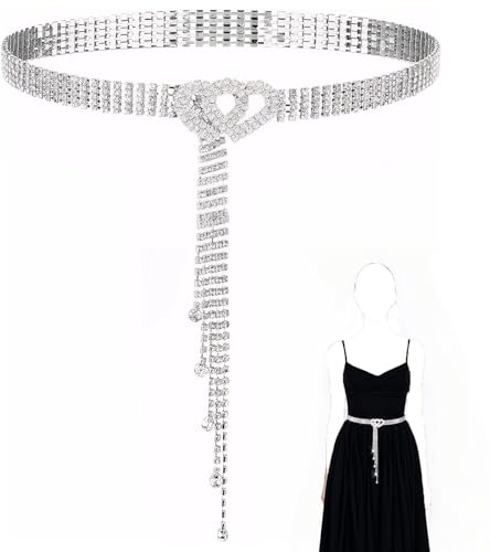 UZSUZZ Cinturón de Pedrería con Cristales y Diamantes de Imitación, Cadena Plateada Brillante para Fiesta, Boda y Noche de Gala