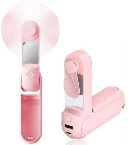 WUSJCOF 5-en-1 ventilateur de poche, mini ventilateur silencieux et portable, batterie 2200 mAh avec Powerbank, écran LED, rechargeable par USB, pour femme et fille (Rose)