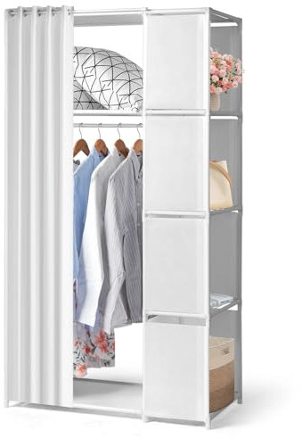 LEADZM Kleiderschrank offen mit Vorhang, Kleiderständer 5 Fächern freistehende Garderobe mit Kleiderstangen, Stoffablagen, Metallrahmen, 88 x 44 x 162 cm (Weiß, 88x44x162cm)