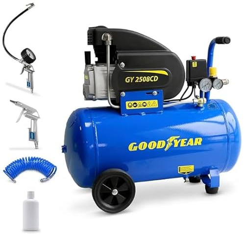 Goodyear - Compresor de Aire 50 Litros con Kit 3 Accesorio, Capacidad de Aspiración 188 litros/minuto, 2.800 rpm, Presión Nominal 8 bares/115 PSI, Protección Sobrecarga, Regulador de Alta Resistencia