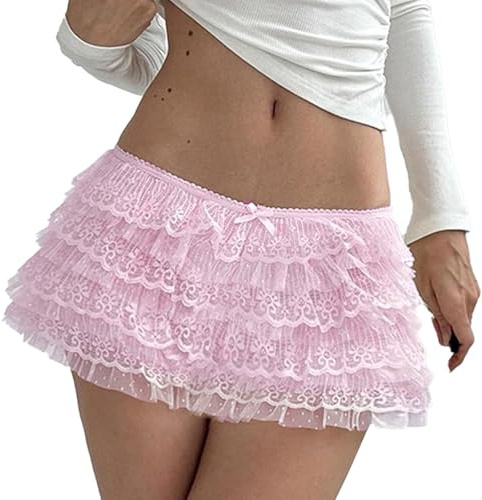 SANSIWU Womens Sexy Lace Mini Skirts Low Waist Bow Mesh Layered Ruffle Micro Skirt Coquette Going Out A Line Skirt Skort (A-Pink, S)