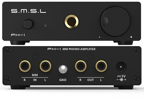 SMSL PH-1 High Fidelity MM Phono Preamplifier & Headphone Amp - 46dB Gain, 0.008% THD+N, 6.35mm HP Jack, RCA Input/Output Mini Amp for MM Turntables & Record Players (Black)