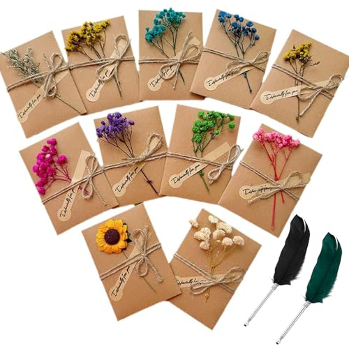 ZhouWei 11 Pièces Enveloppes en Papier Kraft avec 2 Stylo, Carte de Voeux avec Décoration de Fleurs Séchées Remerciement Enveloppe Cadeau, pour DIY mariage Saint Valentin Anniversaire (7x10 cm)