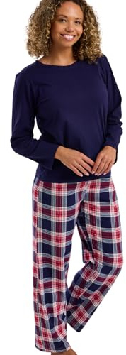 Indigo Sky Rosie Pyjama en Coton tricoté Doux pour Femme – Vêtement d'intérieur Confortable au Quotidien avec Pantalon imprimé et Haut à Manches Longues Confortable, Motif à Carreaux Bleu Marine, 42