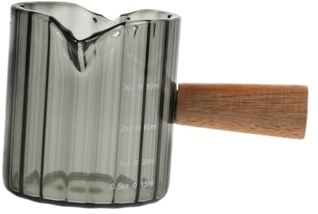 ROMISBABA Piccola Brocca in Vetro Con Doppio Beccuccio Elegante Design Scanalature Verticali Manico Ergonomico in Legno Per Caffè Espresso Tè Freddo Latte e Altre Bevande