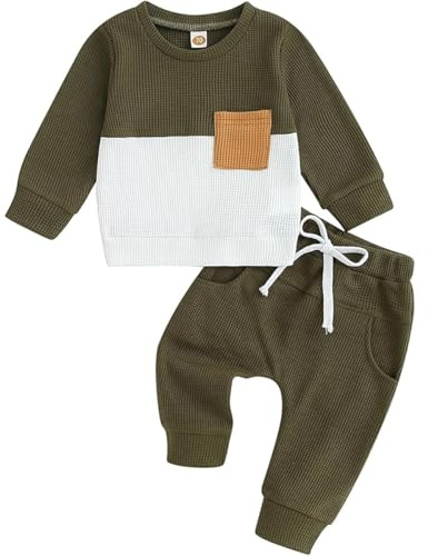 Eqenkely Ensemble Vêtement Bébé Garçon de 2 Pièces Patchwork Sweat-Shirt avec Poche + Pantalon Jogger Vert militaire 2-3 Ans