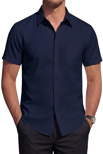 HISDERN Chemise Homme Manches Courtes Stretch sans Repassage Regular Fit Business Décontracté Chemise d'Été Habillée avec Poche Bleu Marine L
