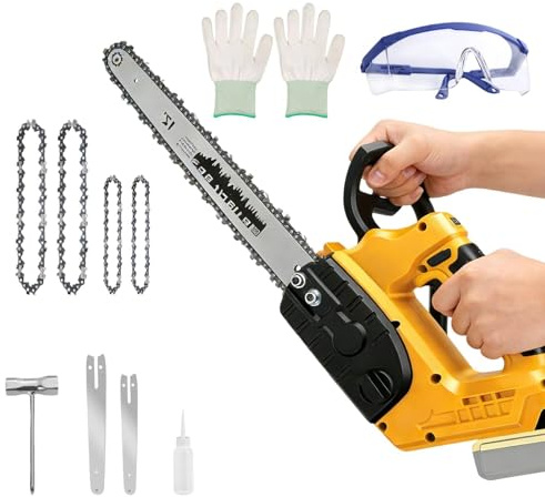 Agrdeed Motosierra inalámbrica de 12 pulgadas, sin escobillas, compatible con batería Dewalt de 20 V, mini motosierras 2 en 1 con bloqueo de seguridad, motosierra de mano con 4 cadenas para cortar