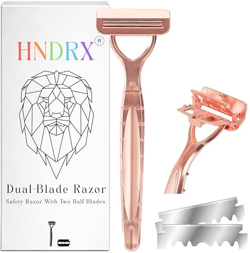 HNDRX® rakhyvel män säkerhet razor kvinnor dubbelt bladsystem rostfritt stål våtrakapparat med svängbart huvud inkl. 20 japanska rakblad (Rosea Elegans)