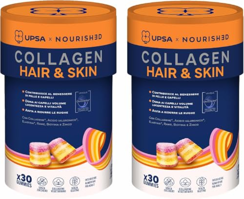 UPSA x Nourished Collagen Hair and Skin, 60 Gummies, Integratore Alimentare con Ovoderm, Rame e Biotina, Caramelle Gommose Gusto Frutta, Senza Zucchero, Vegetariano