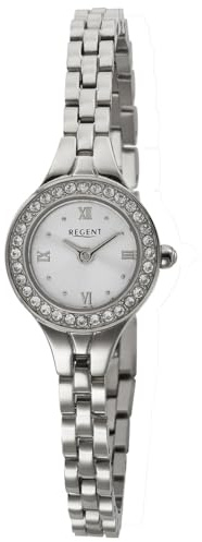 REGENT F-1669 - Reloj de pulsera para mujer, acero inoxidable, color plateado con bisel engastado de cristales de 19 mm, cuarzo