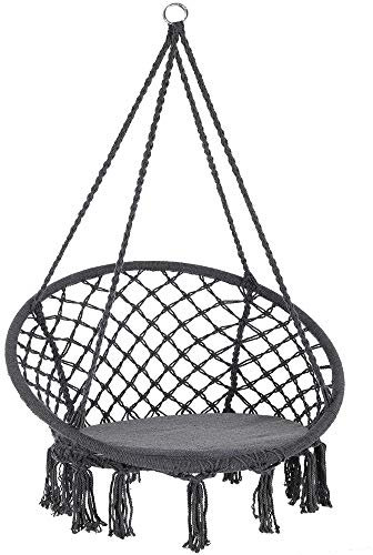 DETEX® Hanging Chair with 150kg Load Capacity | Outdoor & Indoor | Macrame Knotting Cotton Rope Swinging Chair | Perfect for Garden Patio Camping Travel Furniture Seat | Grey