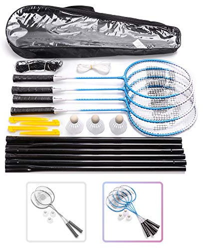 Badmintonschläger Set 2 oder 4 Personen Badminton Set mit Netz für den Garten Einfache Einrichtung Badminton Set für Erwachsene Kinder Kinder Familie mit 3 Shuttercocks
