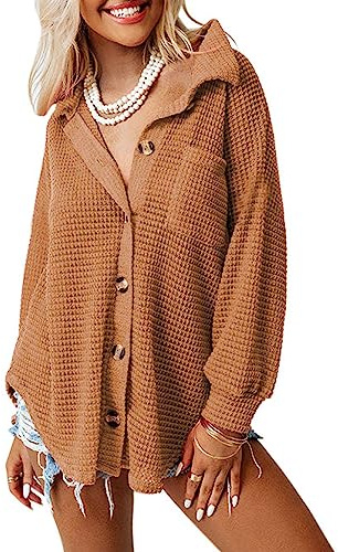Dokotoo Spring Tops for Women 2026 Waffle Knit Shacket Long Sleeve Solid Color Button Down Shirts Boyfriend Loose Fit Batwing Sleeve Blouses Brown X-Large