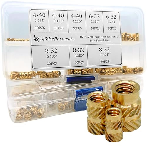 4-40 6-32 8-32 Threaded Inserts for Plastic (160pcs) – Inch Heat Set Brass Inserts – Standard English Thread Knurled Nut Insert Kit for 3D Printing, Electronics, Thermoplastics