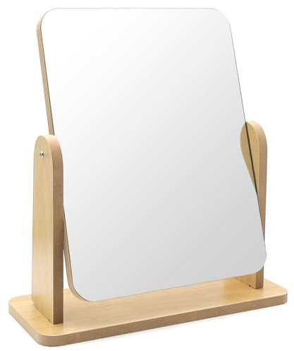 KtbeYTi Hölzerner Desktop Spiegel 22 x 17 cm Kosmetikspiegel Drehung 360 Grad, Rechteckiger Spiegel, Schminkspiegel Standspiegel für Schminktisch
