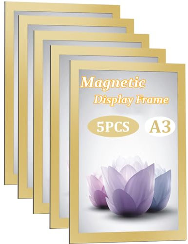 Niciksty Magnetrahmen Info-Rahmen Selbstklebend mit Magnetverschluss für Informationsrahmen DIN A3 Format (5 Stück Gold)