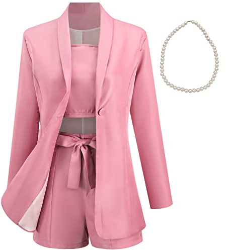 Mujeres 3 Piezas Oficina Trabajo Traje Manga Larga Blazer & Pantalones Cortos & Camiole Elegante Verano Prendas de Vestir Rosa, XXL
