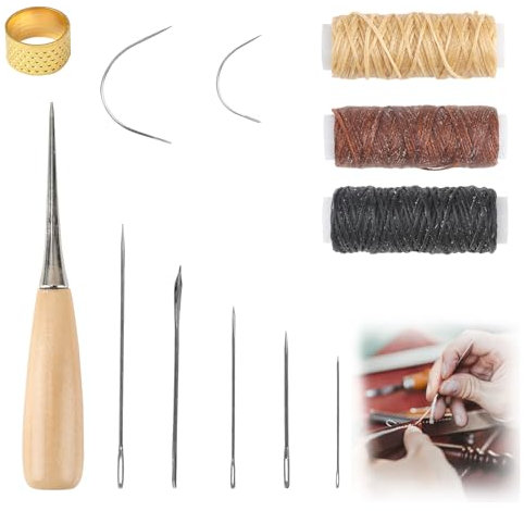 Kit Ago da Cucire in Pelle 12PCS con Filo Cerato - Aghi da Cucito a Mano per Riparazione, Cuoio, Ricamo - Include Necessario per Pelliccie, Tela, Rilegatura