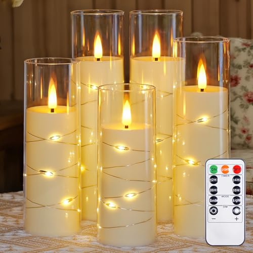 Zevanor Flammenlose flackernde 5,5 cm x 12,5 cm, 15 cm, 17,5 cm, 20 cm, 20 cm Kerzen, LED Batteriebetriebene Elfenbein Plastik Timer Säulenkerzen (Langlebig 600 Std., 5er-Pack)