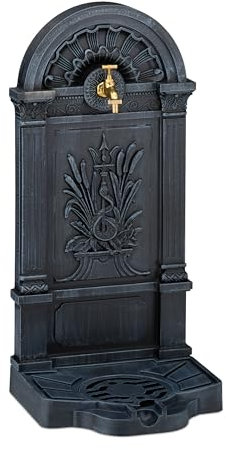 Relaxdays Standbrunnen, Antik-Stil, HBT: 82,5x39x33 cm, Nostalgie, Garten, Terrasse, Wasserhahn, Becken, stehend, grau