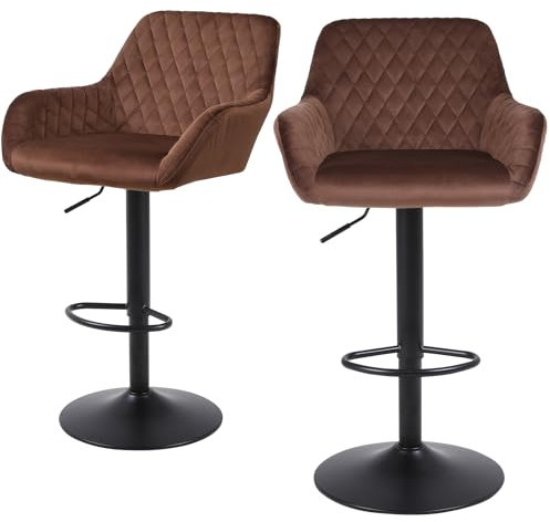 ralex-chair Barhocker 2er Set, Höhenverstellbare Drehbare Barhocker aus Samtstoff, Frühstücks-Esshocker mit Rückenlehne und Armlehne für Bar, Theke und Küche, Braun