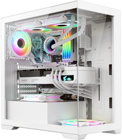 Combrite VIEW Gaming PC Case, Mid Tower ATX, Tempered Glass Panels, 3x Addressable ARGB LED Fans (White)