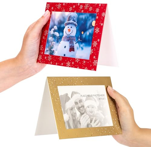 evelay 12 x Christmas Photo Frame Cards & Envelopes Fits 4x6 Inserts Personalised any Family Picture (6 Red, 6 Gold)