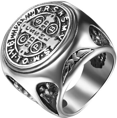 OIDEA Anello Croce di San Benedetto: Anello per Uomo Religioso Maschile dell'Ordine del Diavolo, in Acciaio Inox Ipoallergenico, Taglia 17 a 30 - Per Uso Quotidiano e Regalo, #9(60mm)=ES20, Acciaio
