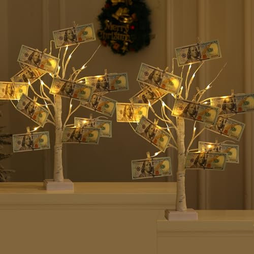 2 Pack Money Tree Gift Card Holder 24 LED Birch Twig Tree Lights Battery/USB Powered Light Up Display Twig Gift Card Trees with 22 Clear Clips for Money Christmas Card Photo Birthday Graduation