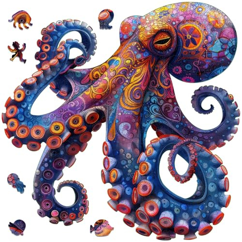 Mys Aurora Octopus Puzzles for Adults, 5MM Thick Wooden Jigsaw Puzzles 200 Pieces, Unique Shape Puzzle Ocean Wood Puzzles for Adults and Kids Birthday Gifts Family Game 11.2 * 11.2inch