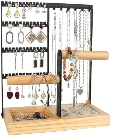 Dokeno Expositor de Joyas con Bandeja, Soporte para Joyas, Organizador de Joyas, Soporte de Exhibición de Pendientes Estante de Joyas para Collares, Pendientes, Anillos, Relojes y Pulseras (Negro)
