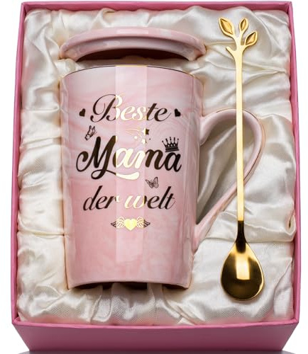 Muttertagsgeschenk Mama Geschenk, Geburtstagsgeschenk für Mama, Beste Mam-a der Welt Tasse Geschenke für Mama, 400ml Rosa Marmor Keramiktasse Muttertag Geschenk mit Deckel Löffel, Geschenkbox