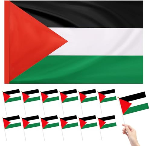 1 Bandera Palestina 150 x 90 cm + 12 Bandera de Palestina Pequeña 13.5 X 21.5 cm, Mini Banderas de palestina, Palestine Flag con Soga, Banderas Decorativas para Exteriores