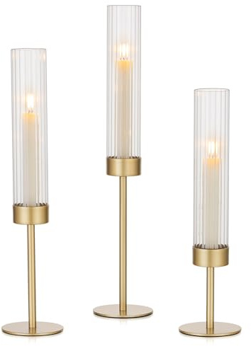 Hewory Fluted Candle Holder Ribbed: Set of 3 Gold Hurricane Glass Candle Sticks Holder for Tapered Candles Tall Candlestick Holders for Wedding Table Centerpiece Dinner Christmas Decorations