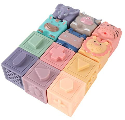 Hztyyier 12 Pezzi Morbidi Blocchi di Costruzione di Animali da Educazione Forma Giocattoli da Dadi per Bambini, Silicone Baby da Bagno Blocchi