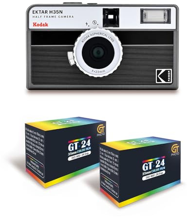 KODAK EKTAR H35N - halvformat filmkamera 35 mm återanvändbar, utan fokus, lätt, lätt att använda - svart randig + 2 film 35 mm, färg 24 utställningar