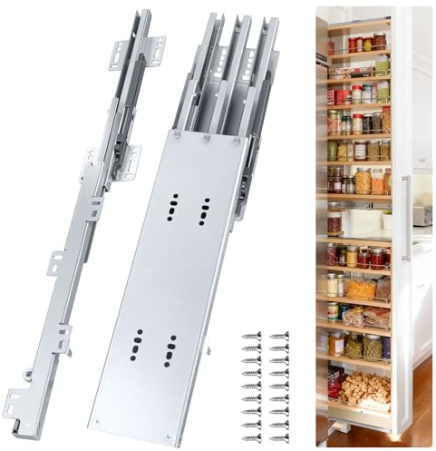 HBL' 20 Inch Pantry Drawer Slides for Tall Cabinets – Dual Top & Bottom Pull-Out Pantry Slides, Soft Close, 120 LBS Heavy-Duty, Silver