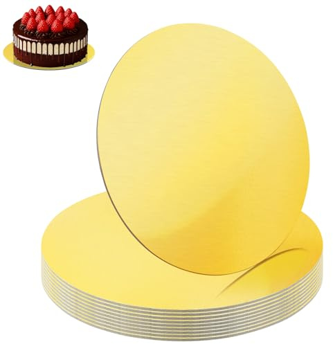 Foymlon 10 Stück Gold Cake Board 25 cm Rund Tortenboden, Tortenplatte, Tortenunterlage, Rund Kuchenplatte, Wiederverwendbar Torten Unterplatten für Kuchen Torten Transport