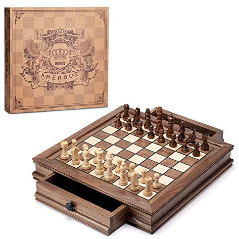 AMEROUS Magnetic Wooden Chess Set, 12.8 x 12.8 Walnut Chess Board Game with 2 Built-in Storage Drawers - 2 Bonus Extra Queens - Chess for Beginner, Kids and Adults, Gift Packaging