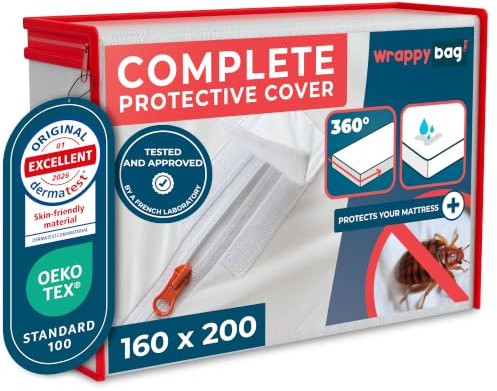 WRAPPYBAG Coprimaterasso Impermeabile - Protezione Integrale Anti-Acaro e Insetti - Coprimaterasso senza Trattamenti Chimici - Superficie in Cotone Morbida e Confortevole - 14 Taglie Disponibili