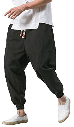 WXZZ Baggy Haremshose Herren Japanisch Einfarbige Freizeithose aus Baumwolle und Leinen Loose Casual Heimhose Lang Leichte Atmungsaktiv Pluderhose Große Größe M,L,XL,XXL,XXXL, Z-schwarz