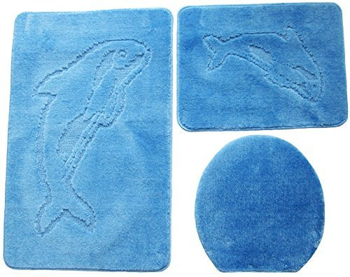 ILK Gökyildiz Delphin Bad Teppich Set 3 Teilig 55cm X 85cm ohne Auschnit gerade für Hänge WC (Blau)