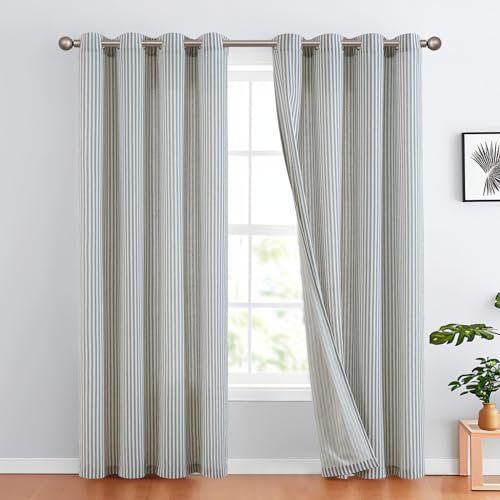 TOPICK Leinen Vorhänge Gestreifte Gardinen mit Ösen Modern Beige Leinenoptik Vorhang Wohnzimmer Privarsphäre Gardine Lichtfilterung Ösenschal mit Streifen Muster 2er Set H175xB130cm Blau auf Beige