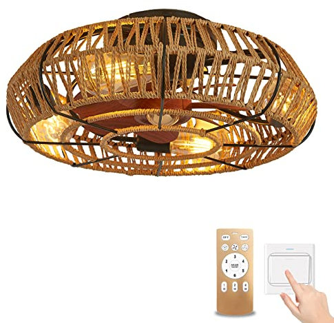 YOLEDY Ventilador Techo con Luz y Mando a Distancia Vintage, Rústico Lámpara Ventilador Techo Enchufe E27, Silencioso Motor DC, Función Verano Invierno, Cordón de Cáñamo Tejido a Mano Estilo Bohemio