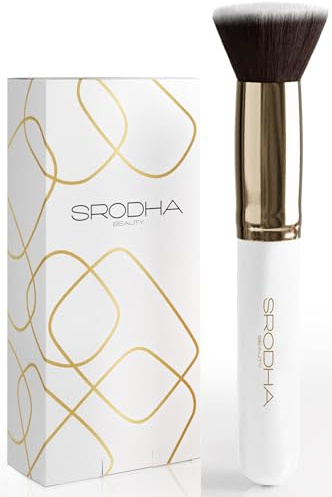 Flat Top Kabuki Foundation Brush By SRODHA Beauty | 3 Piece Kit | Makeup Brush For Face Liquid Foundation Cream and Powder | Perfect For Blending Face Brush | Premium Non Shedding Face Brushes - White