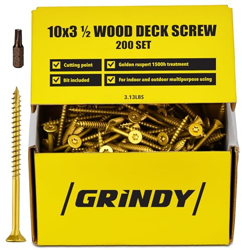 #10 x 3 1/2’’ Wood Screws by Grindy (200pack/3.13LBS) – Self-Drilling Deck Screws I Rust Resistant I Quick Drive & Fast Grip I for Cabinet, Furniture & Other Projects I T25 Star Drive I Bit Included