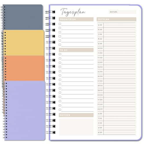 BIROYAL Tagesplaner Undatiert A5 | 4 Stück | 400-Tage To Do Planer für Aufgaben & Notizen | To Do Listen Block | Tages & Wochenplaner Spiralblock HardCover - Perfekt für Büro, Schule & Organizer